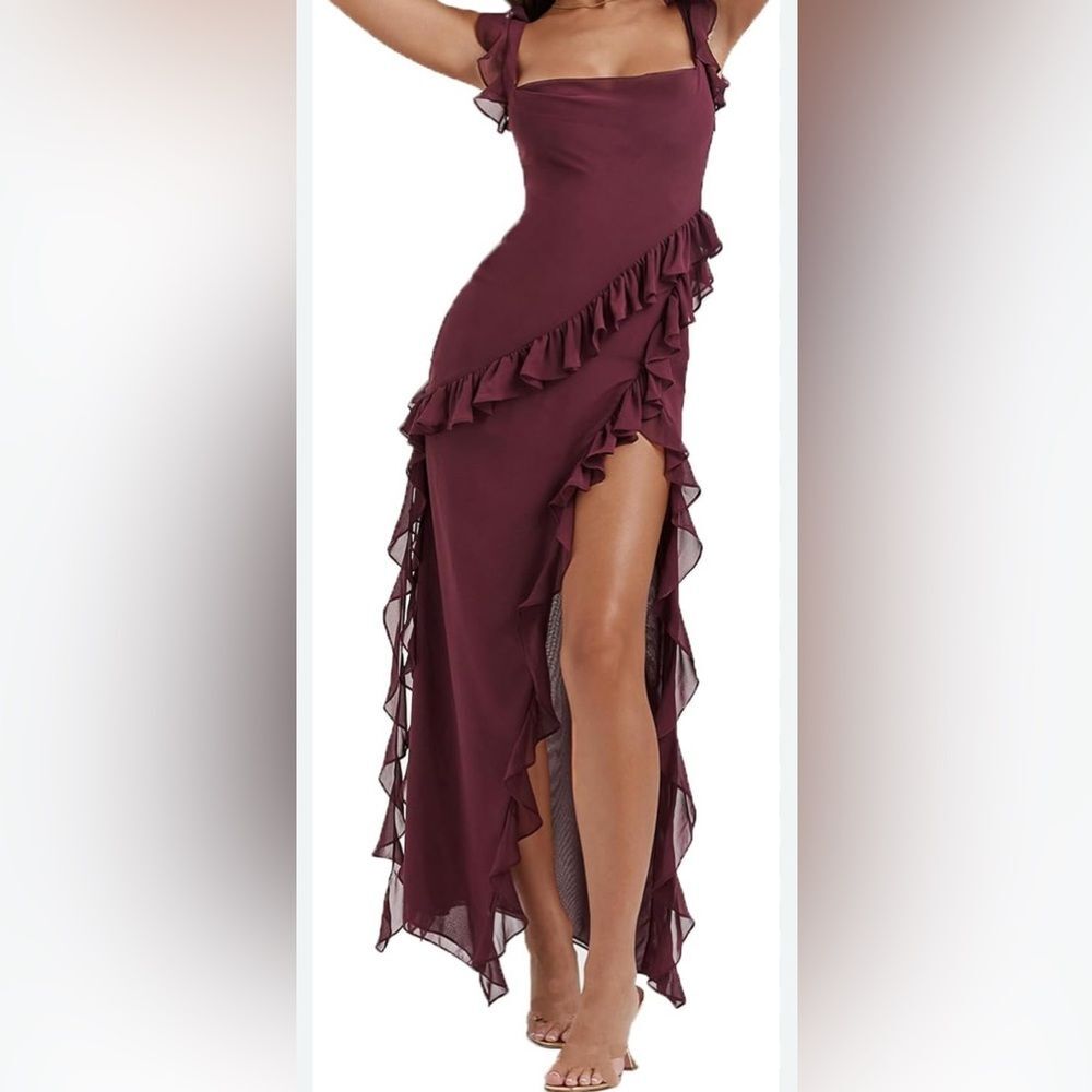 Burgundy Maxi Ruffled Side Slit Formal Stretchy Dress Size L Prom HoCo Party